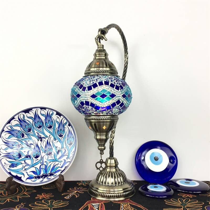 Traditional Vintage Handmade Stained Glass Metal Jar Swan 1-Light Table Lamp for Living Room
