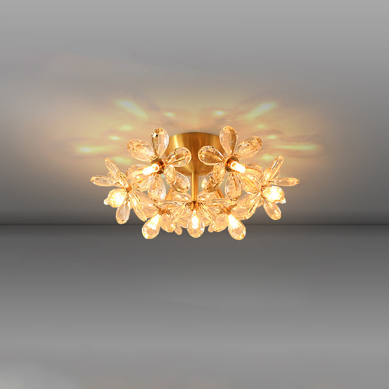 Plafonnier Moderne Minimaliste en Laiton avec Cristal et Fleurs 3/5/6/7 Lumières pour Salon 