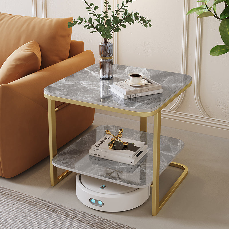 Modern Minimalist Square Sintered Stone Carbon Steel Side Table 2-Tier For Living Room