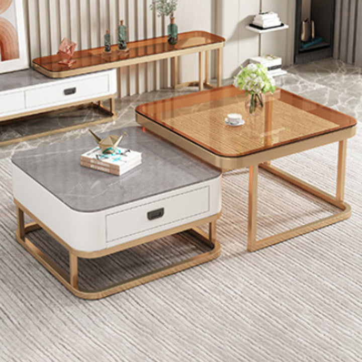 Modern Minimalist Square Rock Slab Glass Carbon Steel Faux Leather MDF Combination Coffee Table 1-Drawer For Living Room