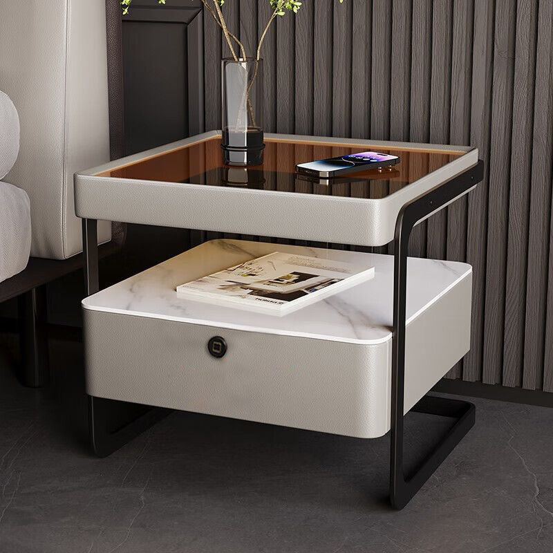 Table de nuit moderne minimaliste rectangulaire en verre renforcé avec dalle de roche et fer, 1 tiroir pour chambre à coucher 