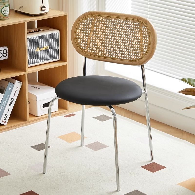 Contemporary Vintage Round Rectangular Rubberwood Plywood Iron Faux Leather PE Rattan Dining Chair Backrest For Dining Room