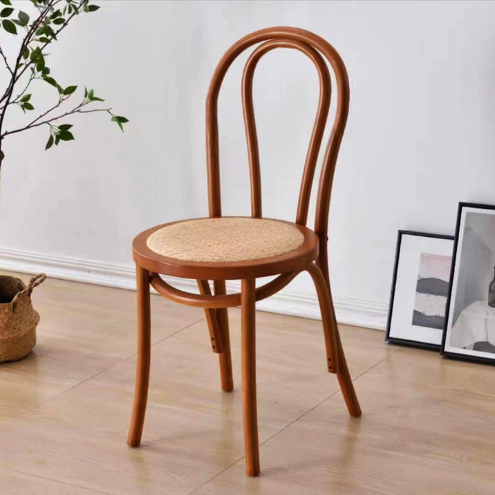 Contemporary Retro Faux Rattan Rubberwood Round Arched Dining Chair Backrest For Dining Room