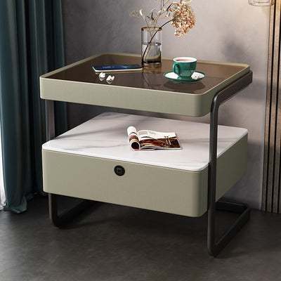 Table de nuit moderne minimaliste rectangulaire en verre trempé avec serrure et 1 tiroir pour chambre 