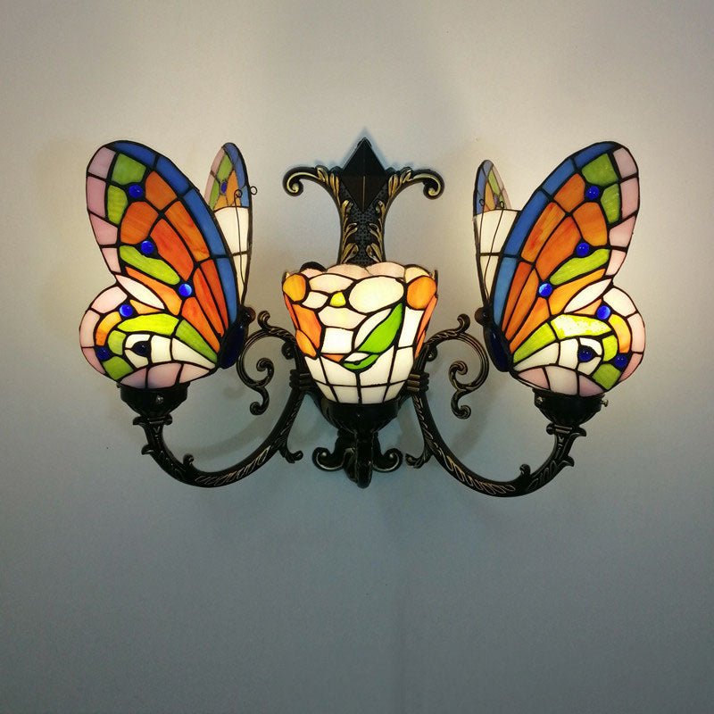 Traditional Tiffany European Butterfly Alloy Iron Glass 3-Light Wall Sconce Lamp For Hallway