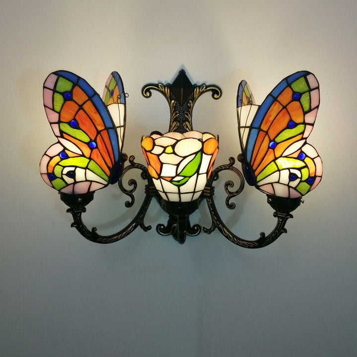 Traditional Tiffany European Butterfly Alloy Iron Glass 3-Light Wall Sconce Lamp For Hallway