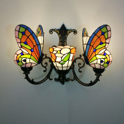 Traditional Tiffany European Butterfly Stained Glass 3-Light Wall Sconce Lamp For Hallway