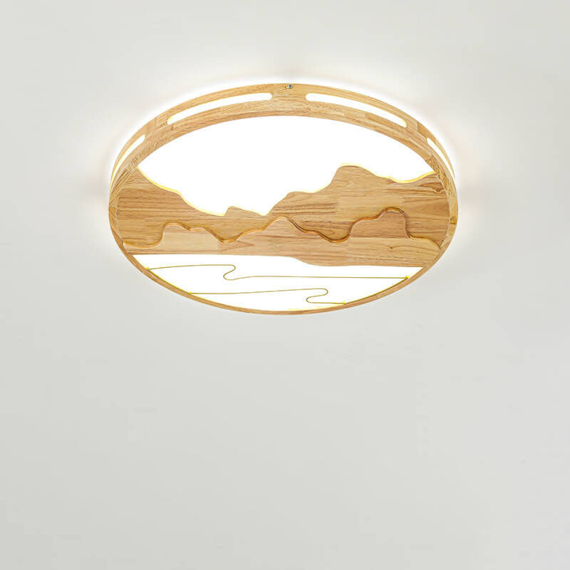 Modern Chinese Wooden Round Mountain Design LED Flush Mount Ceiling Light