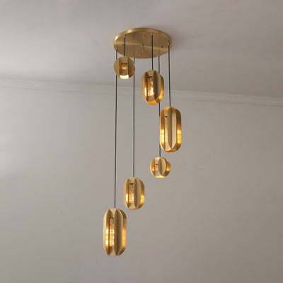 Traditional Chinese Copper Glass Cylinder Elliptical Hollow 1/3/6 Light Chandelier For Entryway