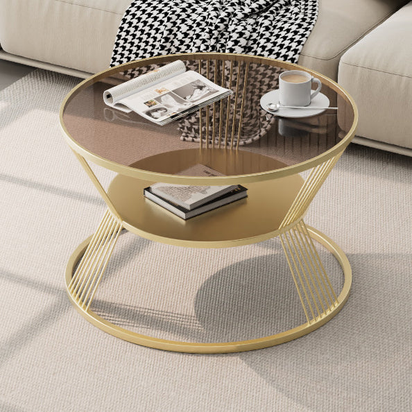 Mesa de café moderna minimalista redonda en forma de reloj de arena de vidrio y hierro de 2 niveles para sala de estar 
