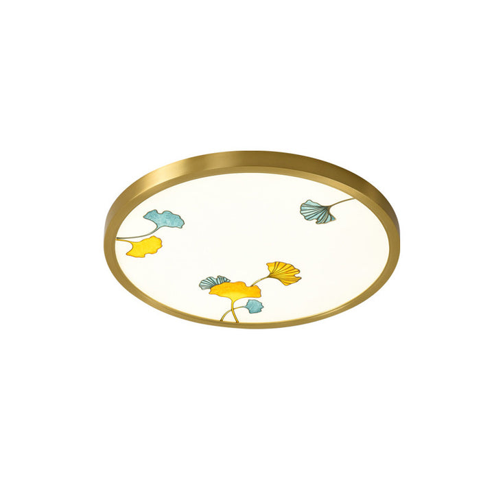 Traditional Chinese Copper Acrylic Round Lotus Bamboo Ginkgo Leaves LED Flush Mount Ceiling Light For Living Room