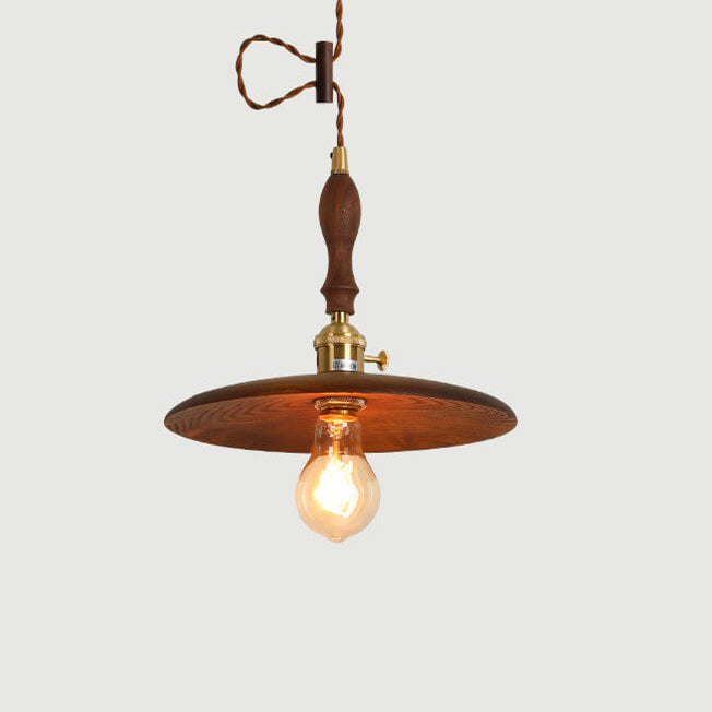 Contemporary Retro Ash Wood Copper Round Dish Irregular Grain 1-Light Pendant Light For Dining Room