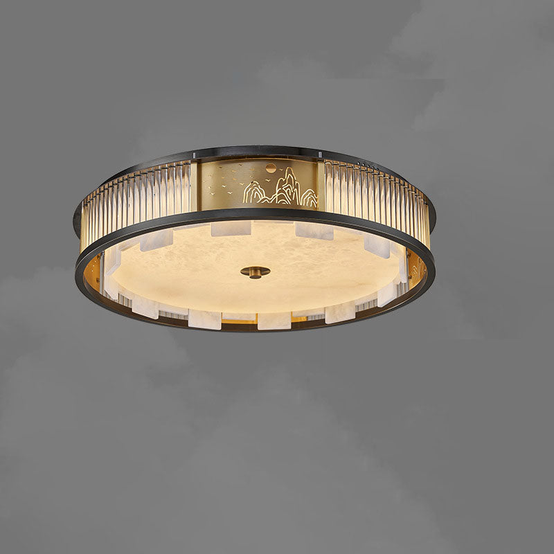 Traditional Chinese Marble Stainless Steel Copper Glass Rods Marble Round LED Flush Mount Ceiling Light For Living Room
