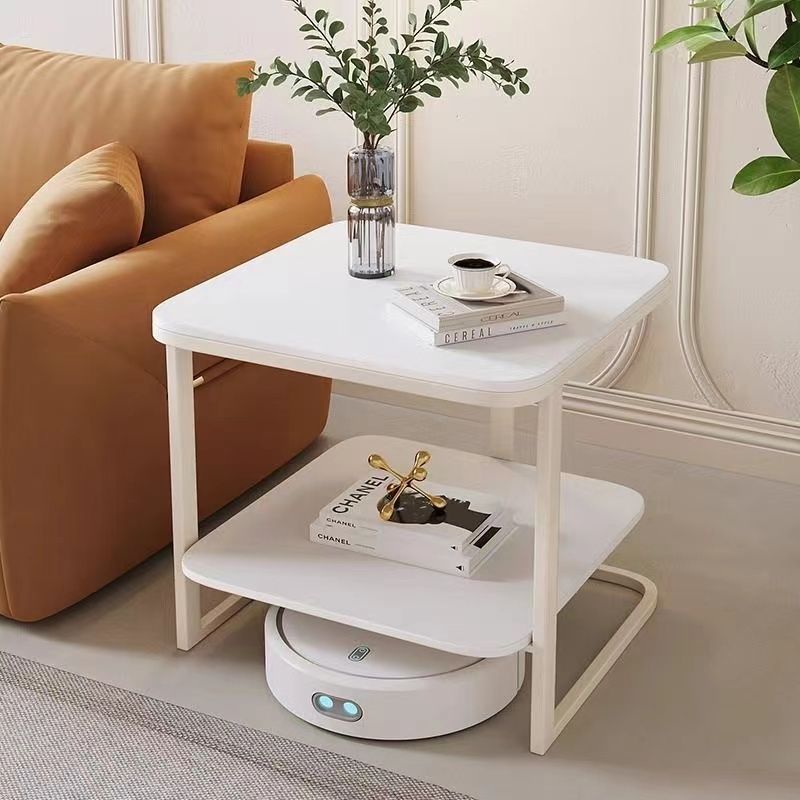 Mesa auxiliar contemporánea nórdica cuadrada de vidrio, metal y madera de 2 niveles para sala de estar 