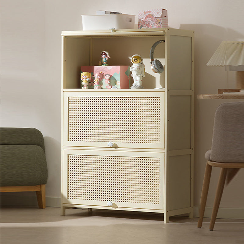 Armoire de rangement rectangulaire blanche en MDF bambou au design moderne et épuré, avec porte rabattable en rotin, 2 à 5 niveaux, pour salon et bureau 