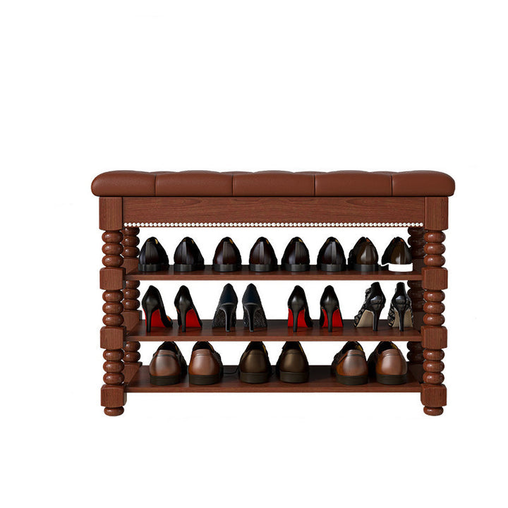 Contemporary Scandinavian Rectangular PU Leather Rubberwood Plywood Shoe Storage 3-Shelf For Entryways