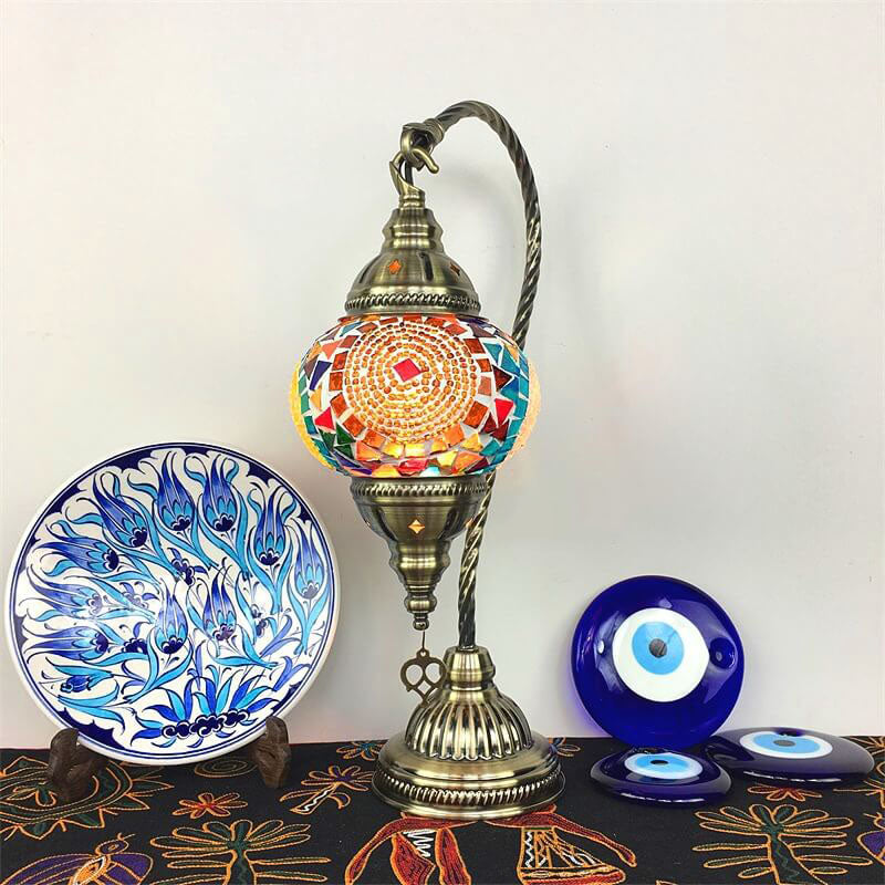 Traditional Vintage Handmade Stained Glass Metal Jar Swan 1-Light Table Lamp for Living Room