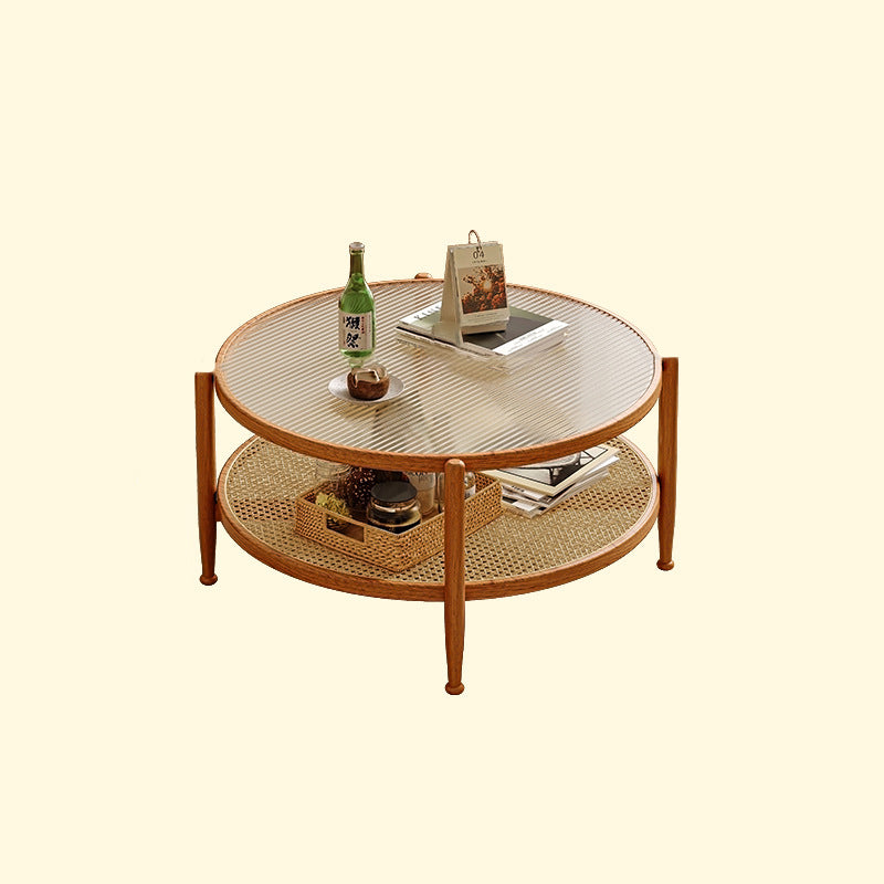 Traditioneller japanischer runder Glastisch aus Rattan und massivem Holz mit 2 Ebenen für das Wohnzimmer 