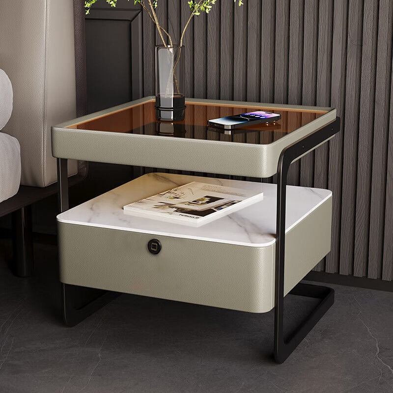 Table de nuit moderne minimaliste rectangulaire en verre renforcé avec dalle de roche et fer, 1 tiroir pour chambre à coucher 