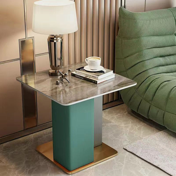 Contemporary Scandinavian Square Column Slate Microfiber Leather Wood Carbon Steel End Table For Living Room