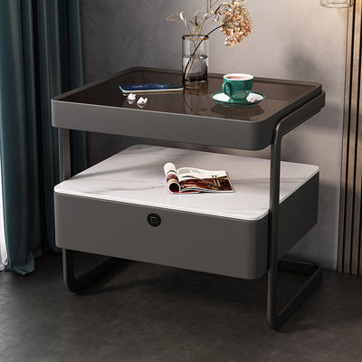 Table de nuit moderne minimaliste rectangulaire en verre trempé avec serrure et 1 tiroir pour chambre 