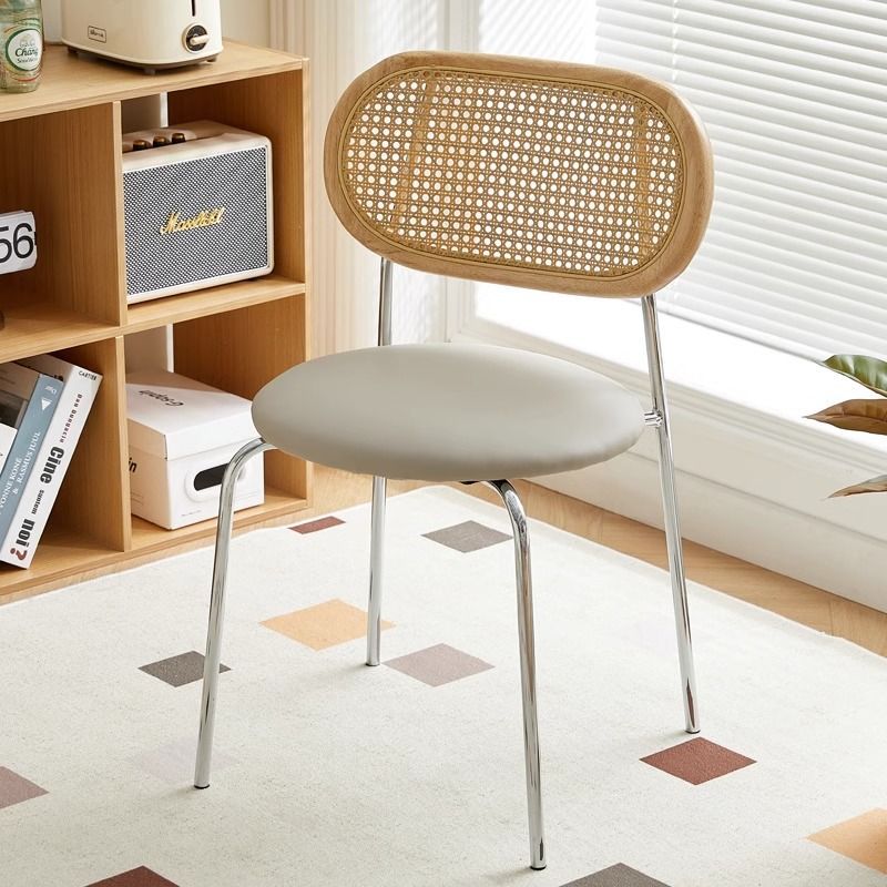 Contemporary Vintage Round Rectangular Rubberwood Plywood Iron Faux Leather PE Rattan Dining Chair Backrest For Dining Room
