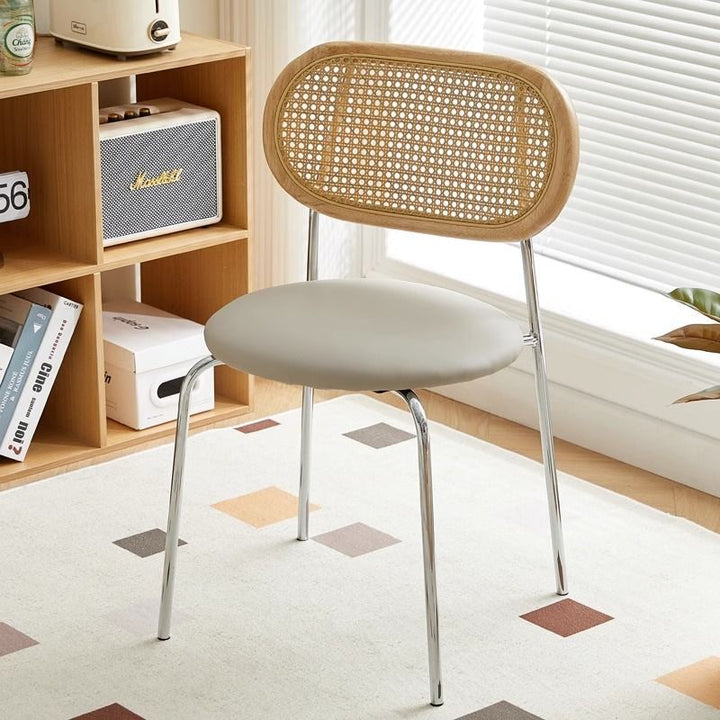 Contemporary Vintage Round Rectangular Rubberwood Plywood Iron Faux Leather PE Rattan Dining Chair Backrest For Dining Room