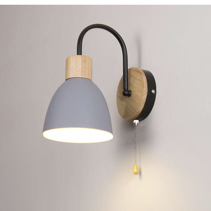 Applique murale 1 lumière en fer et bois avec poteau incurvé rond, macaron minimaliste moderne pour chambre à coucher 