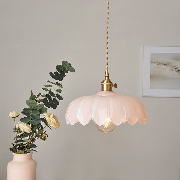 Moderne Art Deco Sonnenblume Lotusblatt Glasschirm Messing 1-flammige Pendelleuchte für Wohnzimmer 