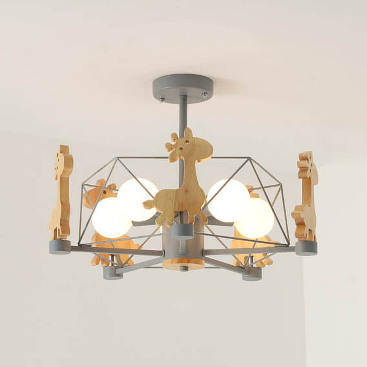 Scandinavian Modern Childlike Giraffe Diamond Pentagram Windmill Iron Wood Glass 4/5 Light Semi-Flush Mount Ceiling Light