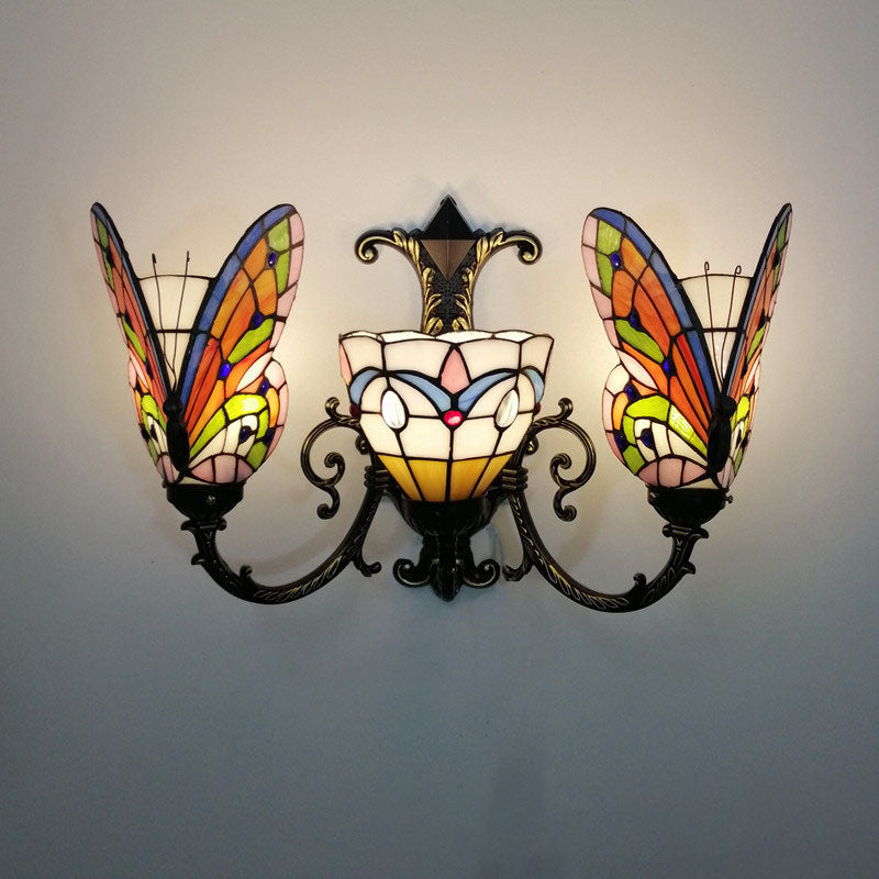 Traditional Tiffany European Butterfly Alloy Iron Glass 3-Light Wall Sconce Lamp For Hallway