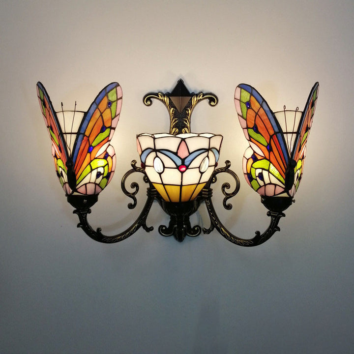 Traditional Tiffany European Butterfly Alloy Iron Glass 3-Light Wall Sconce Lamp For Hallway