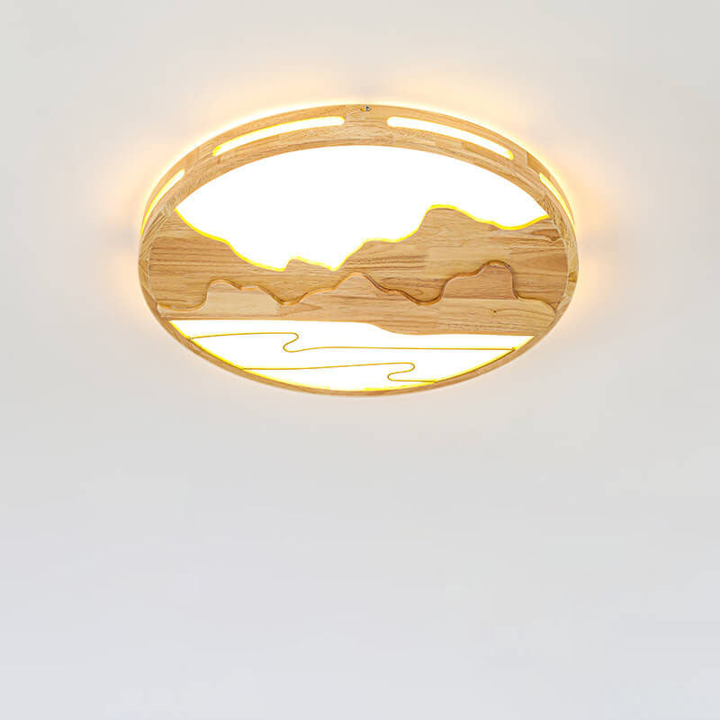 Modern Chinese Wooden Round Mountain Design LED Flush Mount Ceiling Light