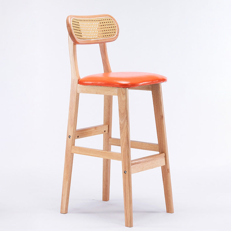 Tabouret de comptoir moderne minimaliste en cuir PU avec rotin rembourré en bois de caoutchouc, dossier ouvert, repose-pieds pour cuisine 