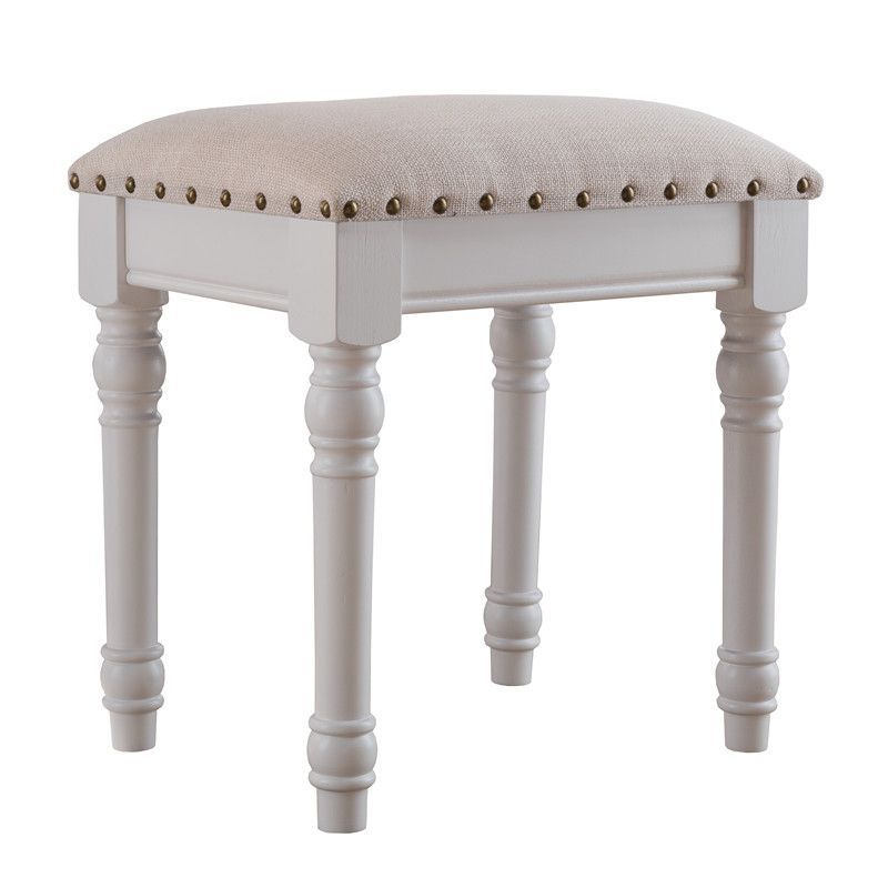 Tabouret de coiffeuse sans dossier ni accoudoirs en bois massif, cuir synthétique et lin carré scandinave contemporain pour chambre 