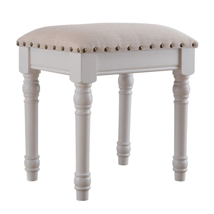 Tabouret de coiffeuse sans dossier ni accoudoirs en bois massif, cuir synthétique et lin carré scandinave contemporain pour chambre 