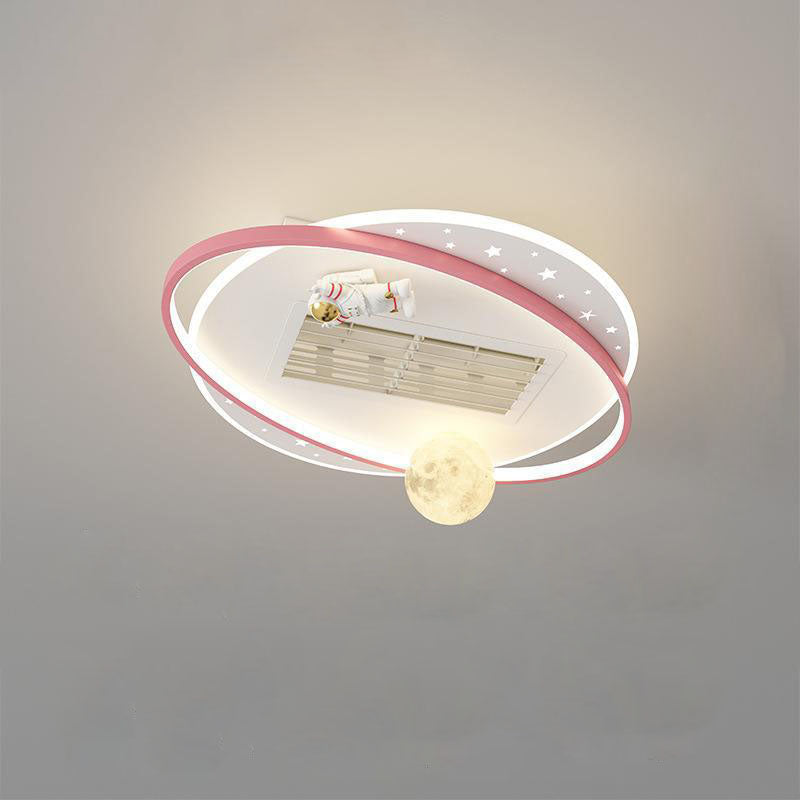 Contemporary Creative Acrylic Astronaut Moon LED Kids Flush Mount Ceiling Invisible Bladeless Fan Light For Bedroom