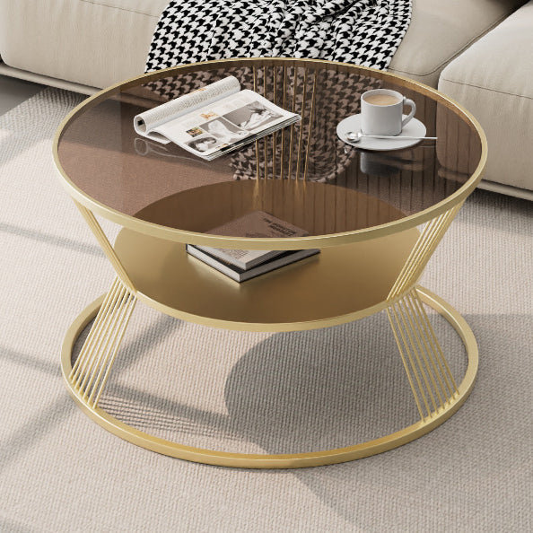 Mesa de café moderna minimalista redonda en forma de reloj de arena de vidrio y hierro de 2 niveles para sala de estar 