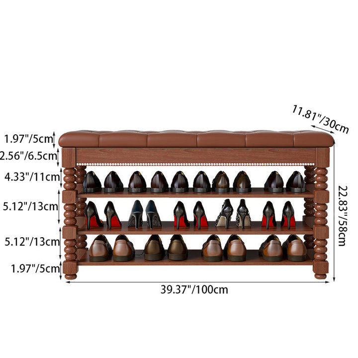 Contemporary Scandinavian Rectangular PU Leather Rubberwood Plywood Shoe Storage 3-Shelf For Entryways