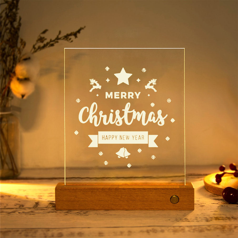 Moderne Weihnachtsrechteckige Acrylplatte Massivholz USB LED Tischlampe 