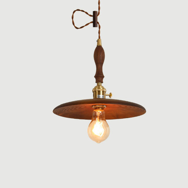Contemporary Retro Ash Wood Copper Round Dish Irregular Grain 1-Light Pendant Light For Dining Room