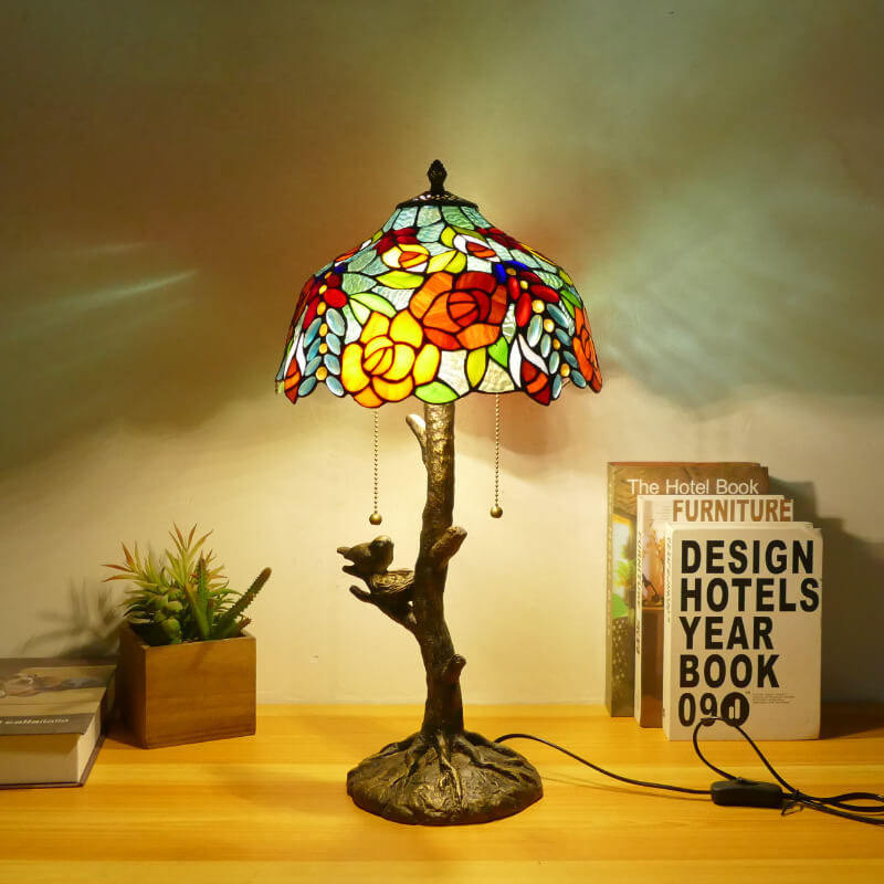 Traditional Tiffany Dragonfly Flower Stained Glass Bird Base 2-Light Table Lamp For Bedroom