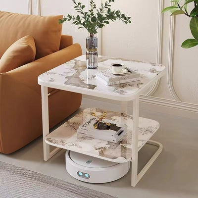Mesa auxiliar contemporánea nórdica cuadrada de vidrio, metal y madera de 2 niveles para sala de estar 