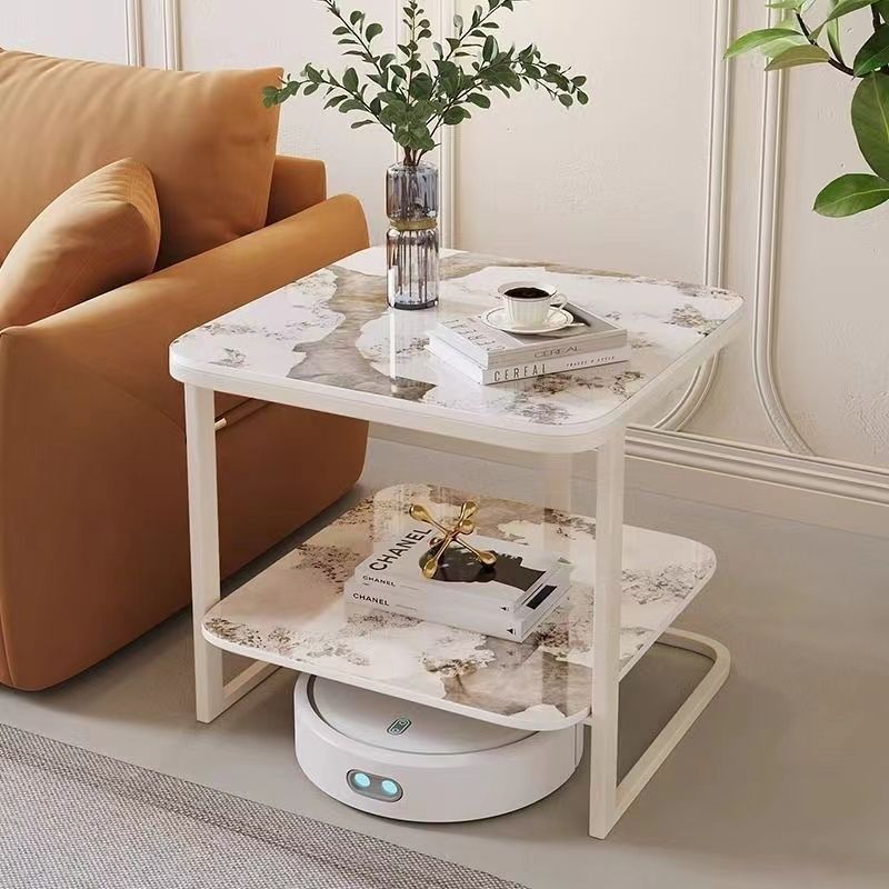 Mesa auxiliar contemporánea nórdica cuadrada de vidrio, metal y madera de 2 niveles para sala de estar 
