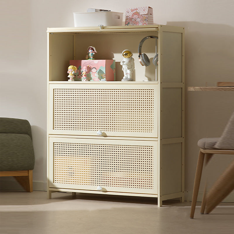 Armoire de rangement rectangulaire blanche en MDF bambou au design moderne et épuré, avec porte rabattable en rotin, 2 à 5 niveaux, pour salon et bureau 