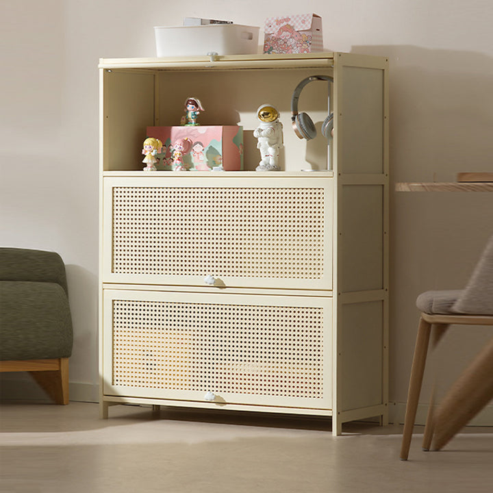 Armoire de rangement rectangulaire blanche en MDF bambou au design moderne et épuré, avec porte rabattable en rotin, 2 à 5 niveaux, pour salon et bureau 