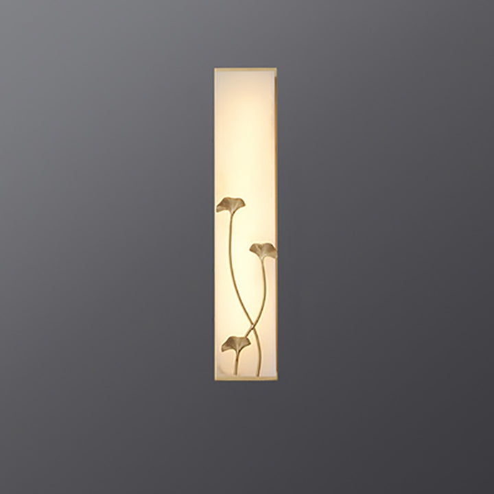 Traditional Chinese Copper Marble Cubic Bamboo Leaf Lotus Flower Ginkgo Biloba LED Wall Sconce Lamp For Bedside