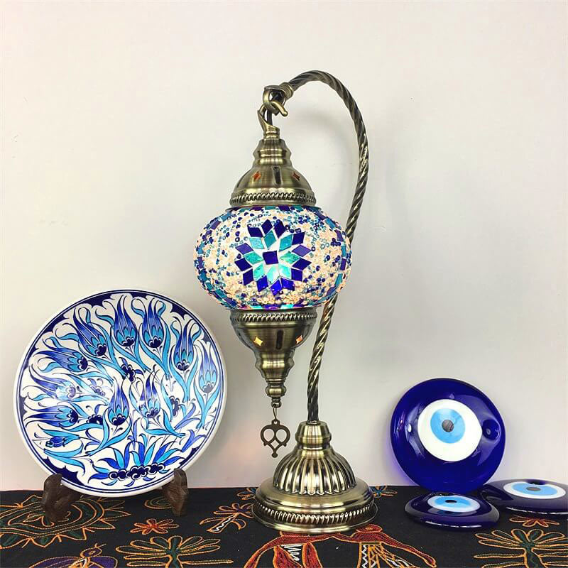 Traditional Vintage Handmade Stained Glass Metal Jar Swan 1-Light Table Lamp for Living Room