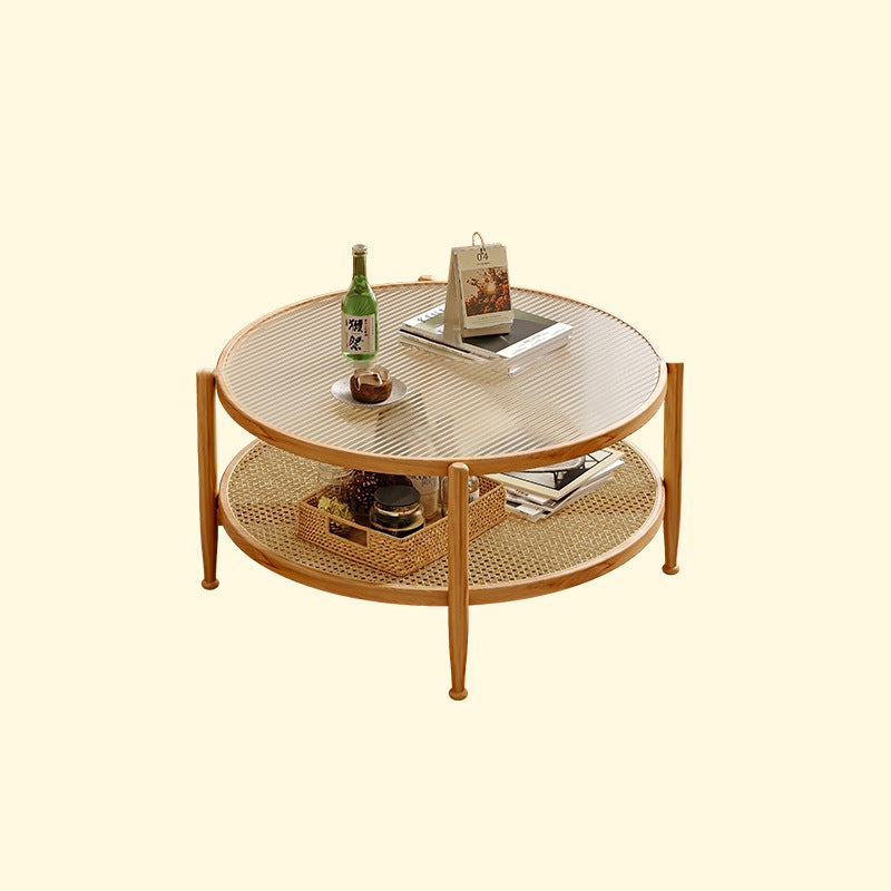 Traditional Japanese Round Glass Faux Rattan Rubberwood End Table 2-Tier For Living Room