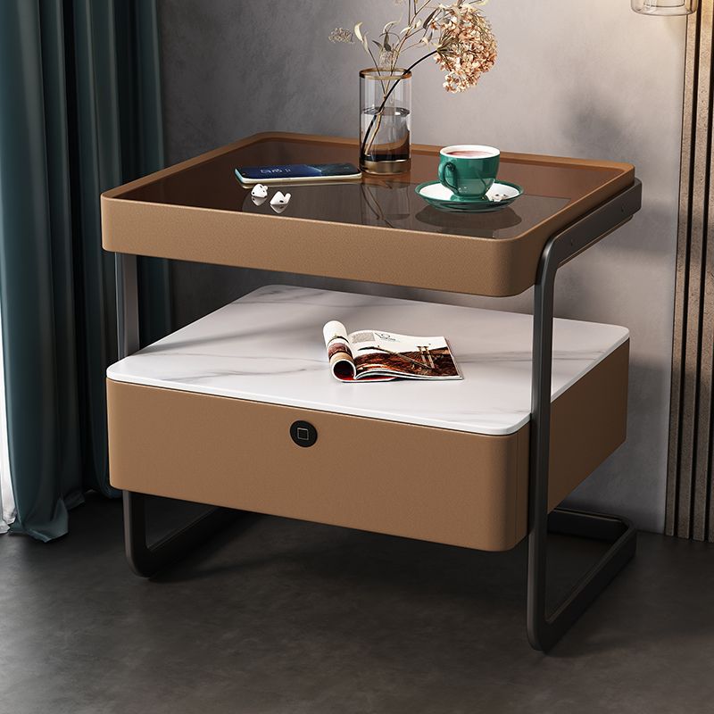 Table de nuit moderne minimaliste rectangulaire en verre trempé avec serrure et 1 tiroir pour chambre 